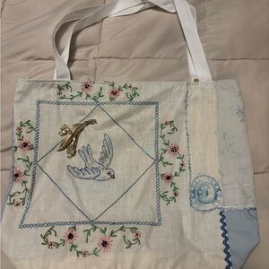 Vintage Linen Embroidered Blue Bird of Happiness Tote Bag